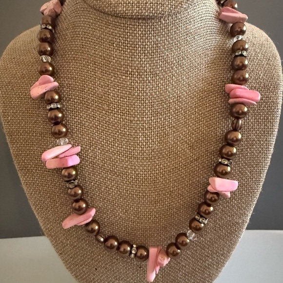 Jewelry - Pink Natural Gemstone Chocolate Colored Faux Pearl Necklace
